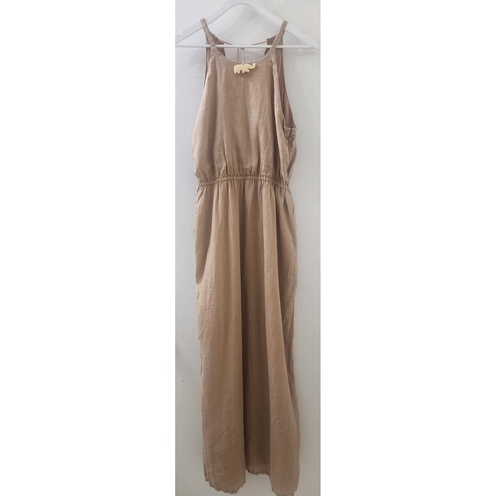Tan Linen Blend Halter Maxi Dress Tassel Back Slit Neutral Boho Sun Dress